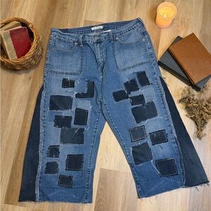 Upcycled Denim Patchwork Jeans Wide-Leg Reworked Denim with Raw Seams